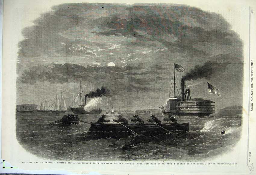 Original Old Antique Print 1861 Civil War America Potomac Freestone Point Ships