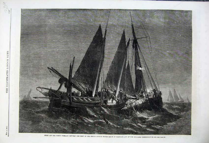 Old Antique Print 1861 Foreland Fight Prince Arthur Fishing Ramsgate Fish 19th