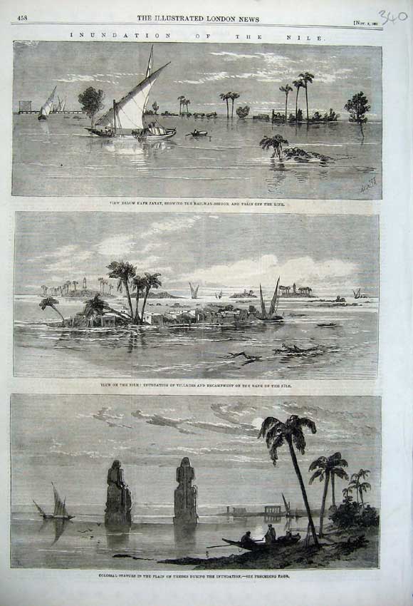 Old Antique Print 1861 Railway Bridge River Nile Statues Villages Train 19th