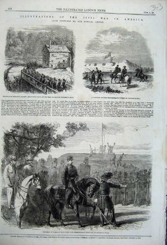 Old Antique Print 1861 Civil War America General M'Clellan Munson'S Hill 19th