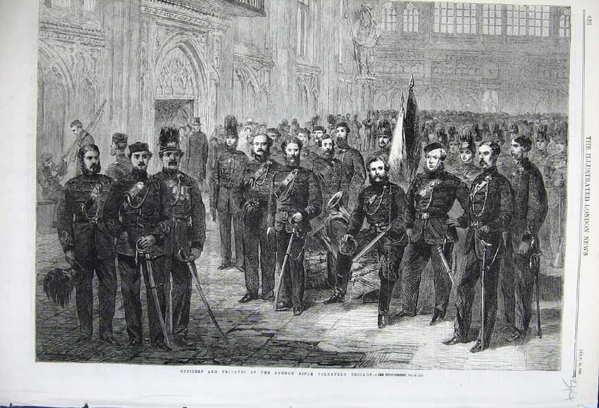 Old Antique Print 1861 Officers Privates London Rifle Volunteer Brigade 19th