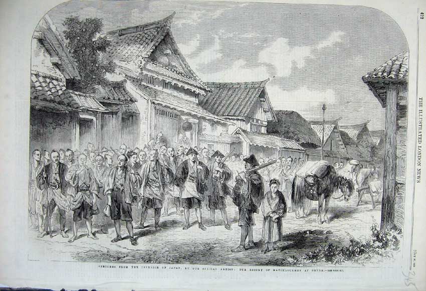 Original Old Antique Print 1861 Interior Japan Matchlockmen Omura Horse Army