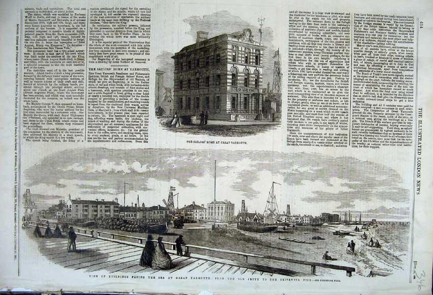 Old Antique Print 1861 Sailors Home Great Yarmouth Jetty Britannia Pier 19th