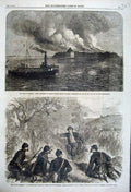 Original Old Antique Print 1861 War America Fort Ocracoke Beacon Munson'S Hill