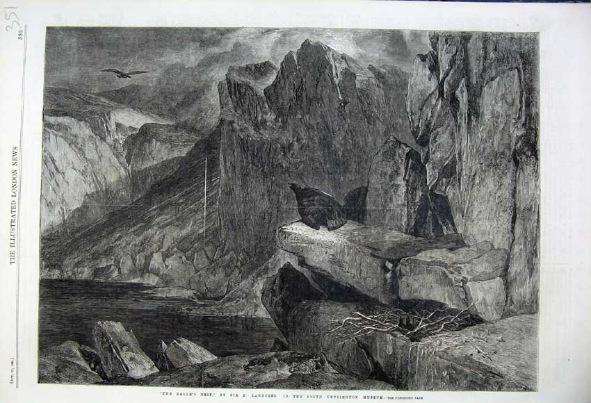 Original Old Antique Print 1861 Eagle'S Nest Bird Prey Cliffs Rocks Landseer