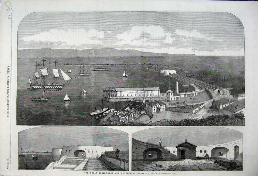 Original Old Antique Print 1861 Great Breakwater Government Works Portland 19th