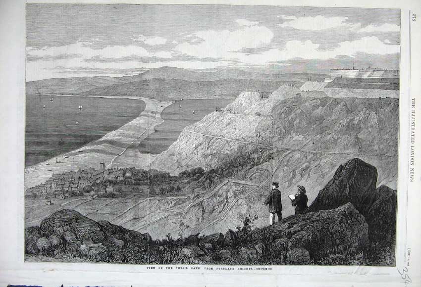 Old Antique Print 1861 View Chesil Bank Portland Heights America Mountain 19th