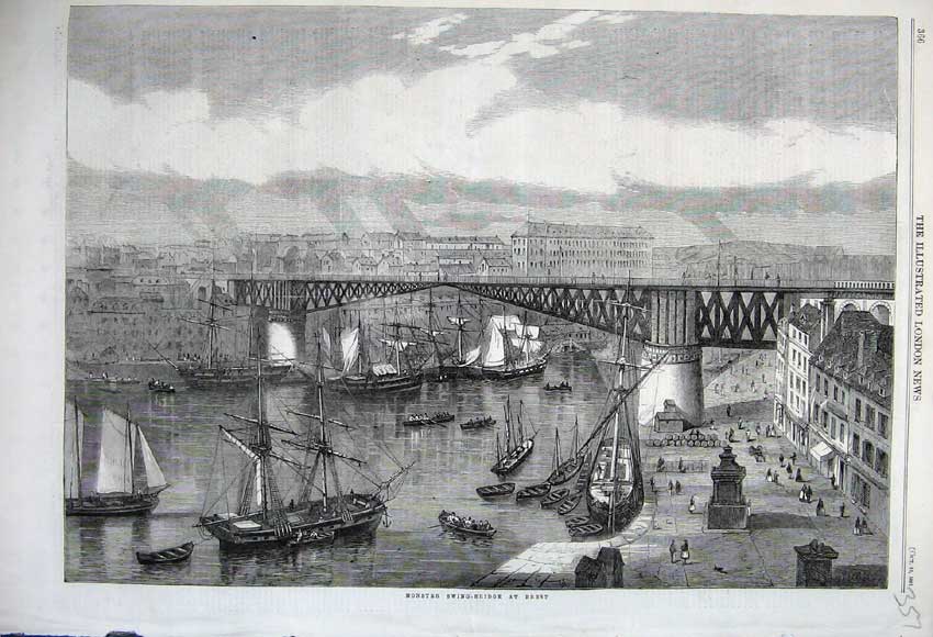 Old Antique Print 1861 View Monster Swing Bridge Brest Sailing Ship River 19th