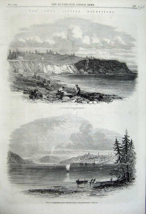 Original Old Antique Print 1861 GWashing Nova Scotia Lunenburg Battery Point