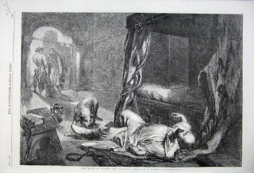 Original Old Antique Print 1861 Scene Death William Conqueror Man Dog Gilbert