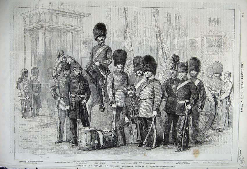 Original Old Antique Print 1861 Officers Privates Artillery Company London Sier