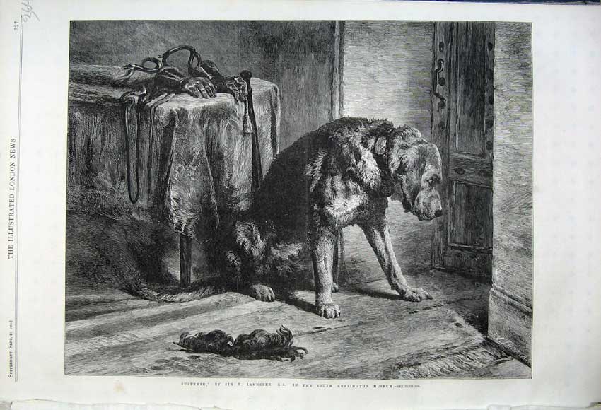 Original Old Antique Print 1861 Suspense Dog Door Landseer Kensington Museum