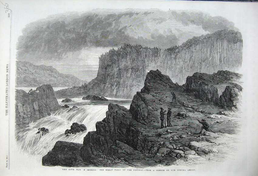 Old Antique Print 1861 Civil War America Great Water Fall Potomac River 19th