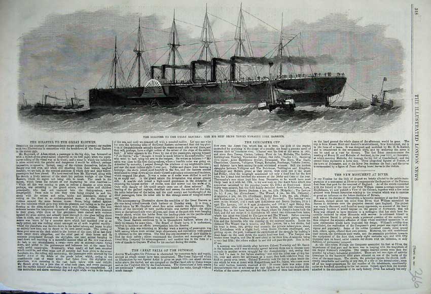 Old Antique Print 1861 Disaster Great Eastern Big Ship Towed Cork Harbour 19th