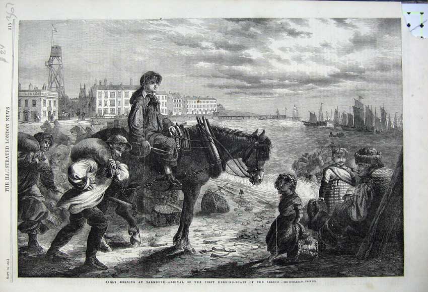Original Old Antique Print Great Yarmouth 1861 Herring Boats Arriving Harbour