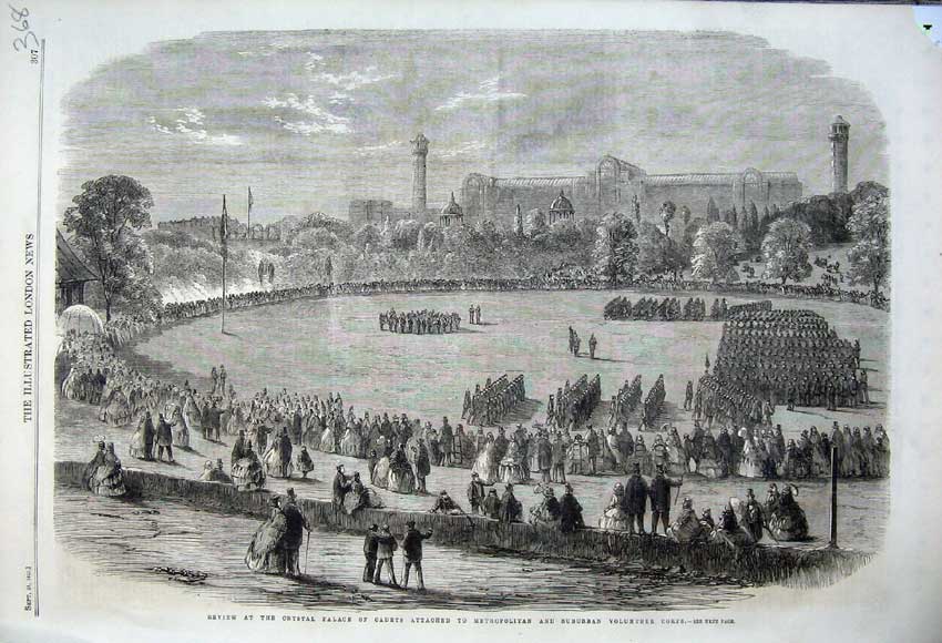 Old Antique Print 1861 Crystal Palace Cadets Metropolitan Corps Army War 19th