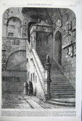 Original Old Antique Print 1861 View Bargello Staircase Florence Monks Men 19th