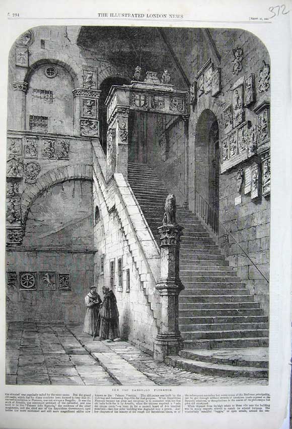 Original Old Antique Print 1861 View Bargello Staircase Florence Monks Men 19th