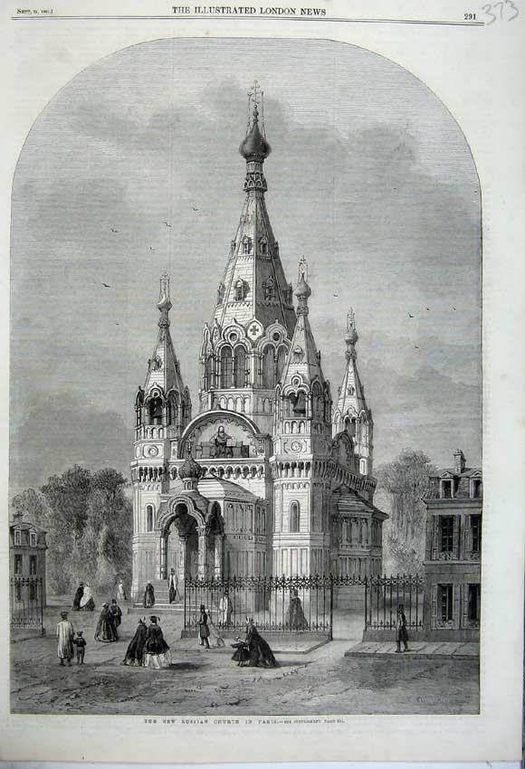 Original Old Antique Print 1861 View Ne Russian Church Paris France People 19th
