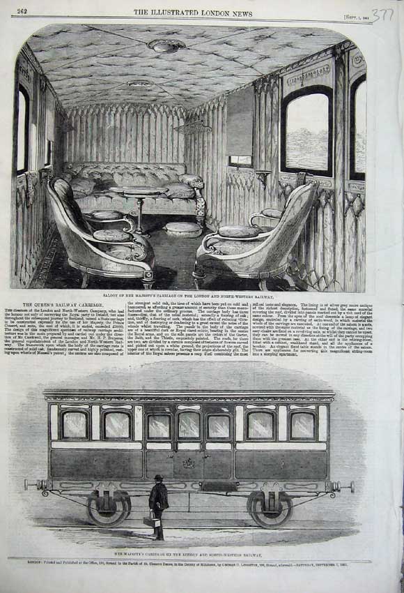 Old Antique Print 1861 Queen Carriage Saloon London Western Railway Train 19th