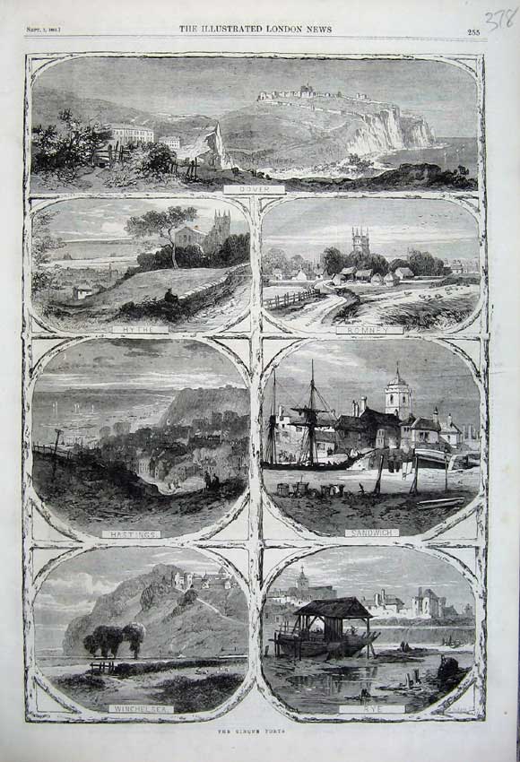 Original Old Antique Print 1861 Cinque Ports Dover Romney Hastings Rye Sandwich