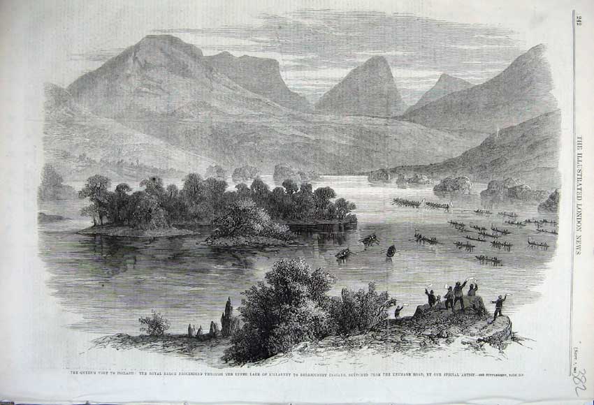 Old Antique Print 1861 Queen Ireland Royal Barge Lake Killarney Mountains 19th