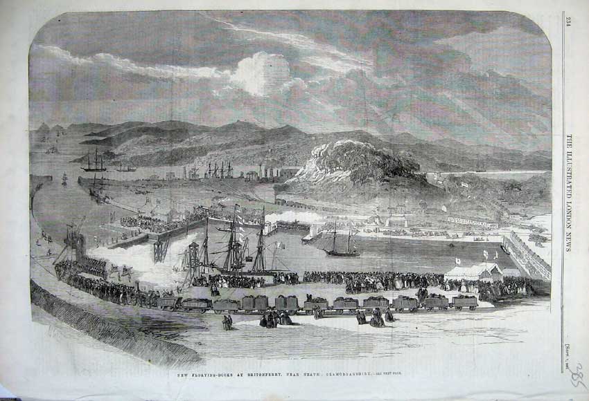 Antique Old Print *0153 1861 Floating Docks Britonferry Glamorganshire Ships