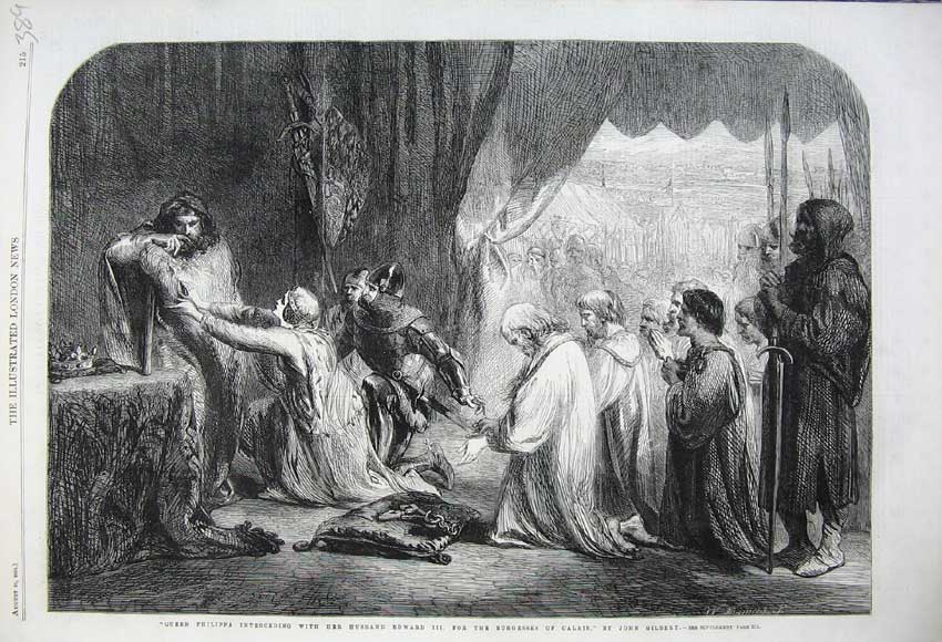 Original Old Antique Print 1861 Queen Philippa Edward Burgesses Calais Gilbert