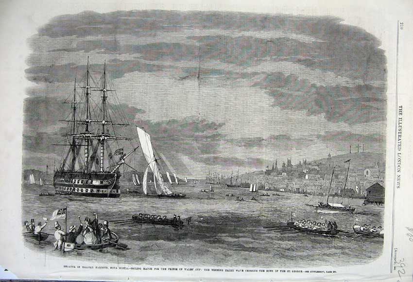 Original Old Antique Print 1861 Regatta Halifax Harbour Nova Scotia Yacht Wales