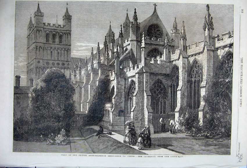 Original Old Antique Print 1861 Cathedral Exeter British Archaeological Society