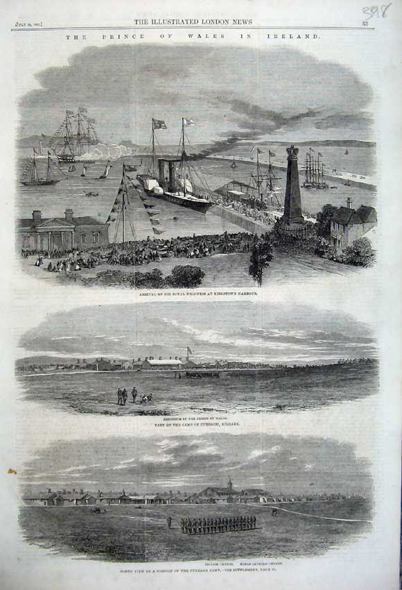 Original Old Antique Print 1861 Prince Wales Ireland Kingstown Harbour Curragh