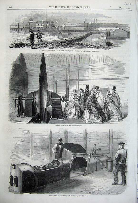Original Old Antique Print 1861 Pneumatic Letter Despatch Tube Battersea Engine