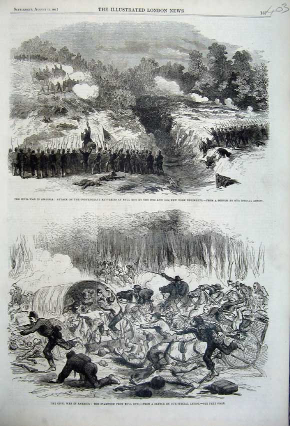 Original Old Antique Print 1861 Civil War America Stampede Bull Run Batteries