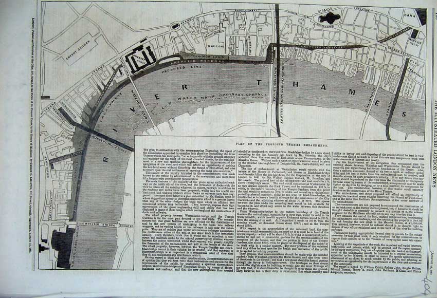 Original Old Antique Print 1861 Plan Proposed River Thames Embankment Covent