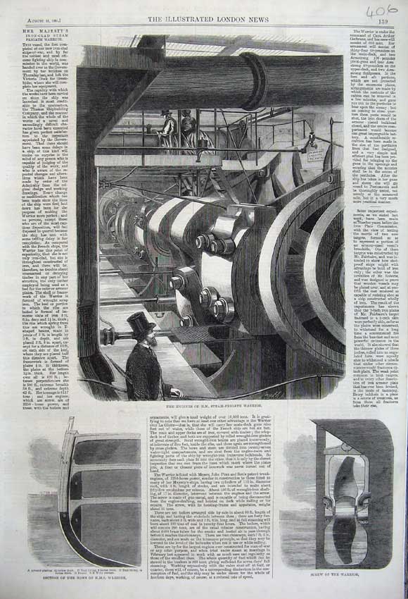 Original Old Antique Print 1861 Engines Steam Frigate Warrior Bows Screw Ship