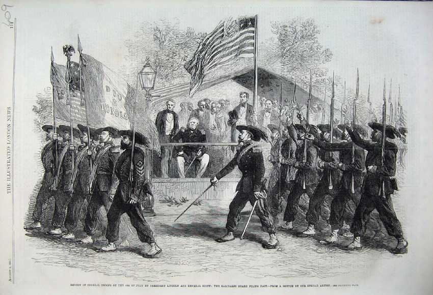 Original Old Antique Print 1861 Federal Troops President Loncoln General Scott