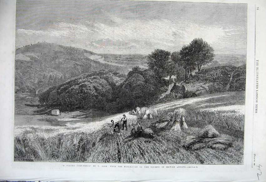 Original Old Antique Print 1861 Surrey Corn Field Country Farmers Cole British