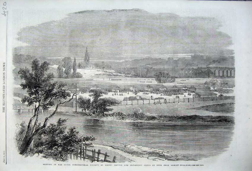 Original Old Antique Print 1861 Royal Agricultural Show Leeds Implement Sheds
