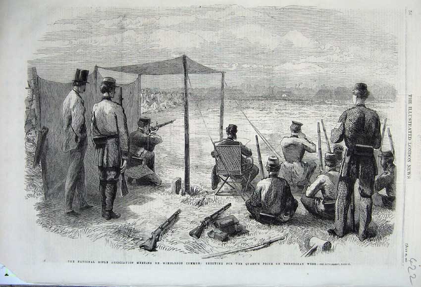 Original Old Antique Print 1861 Rifle Association Wimbledon Common Shooting Men