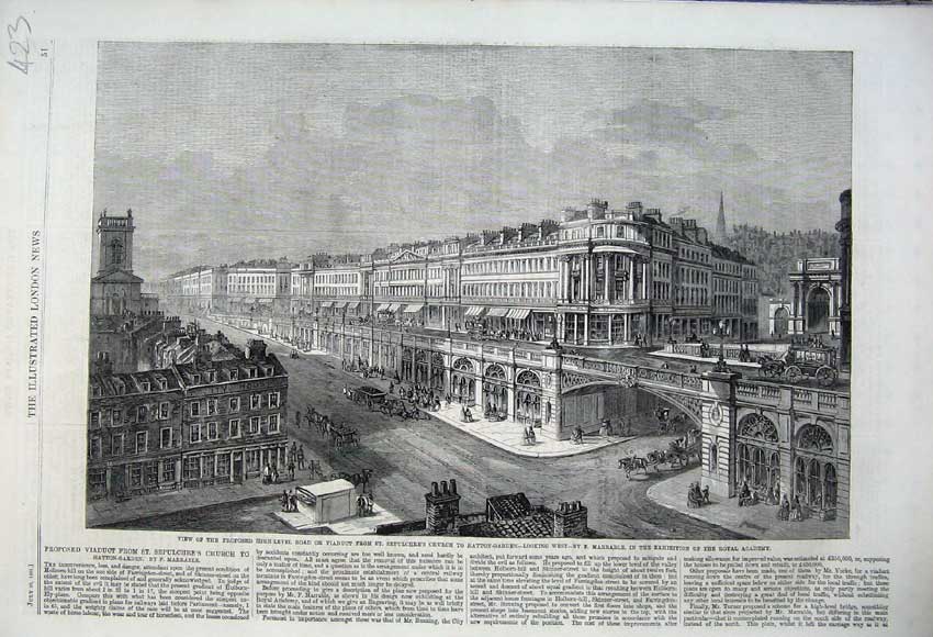 Original Old Antique Print 1861 Viaduct Sepulchre'S Church Hatton Garden Houses