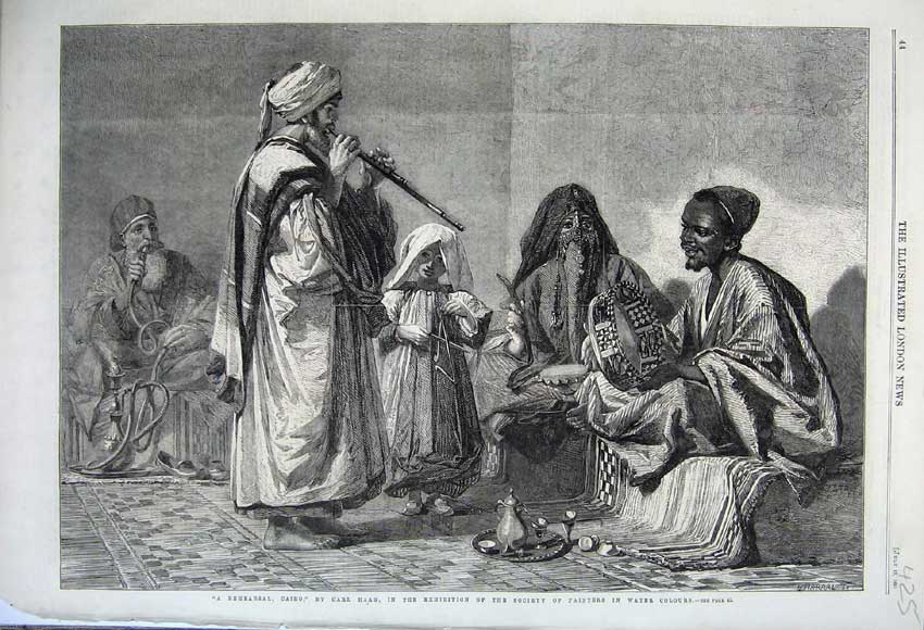 Old Antique Print 1861 Rehearsal Cairo Egypt Music Instruments Carl Haag 19th