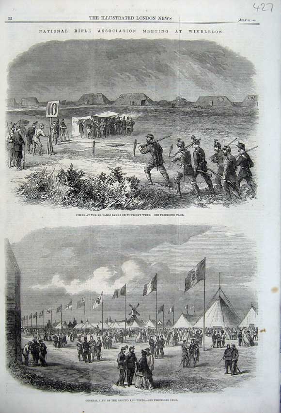Original Old Antique Print 1861 Rifle Meeting Wimbledon View Tents Firing Range