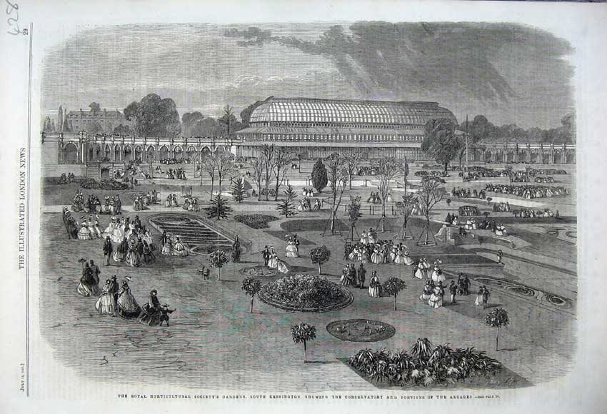 Original Old Antique Print 1861 South Kensington Gardens Conservatory Arcades