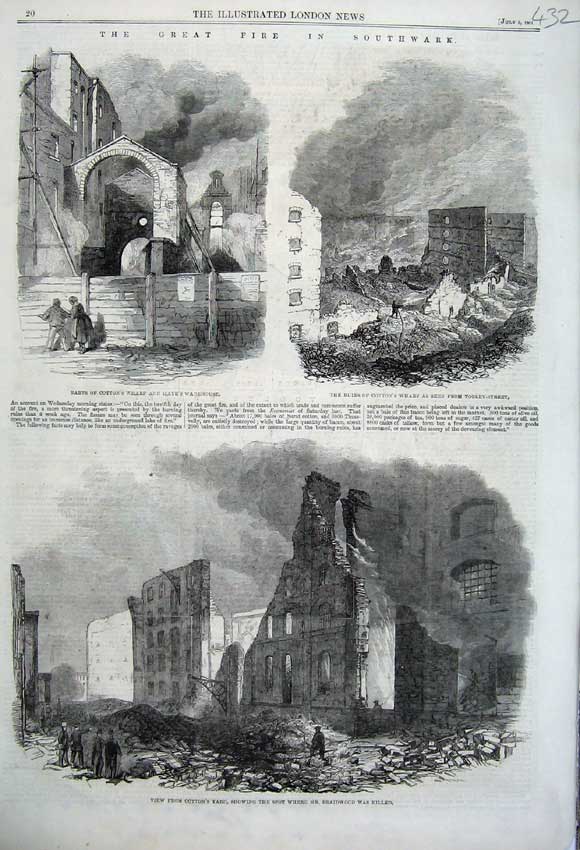 Original Old Antique Print 1861 Fire Southwater Cotton'S Wharf Yard Warehouse