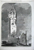 Original Old Antique Print National Wallace Monument 1861 Abbey Craig Stirling