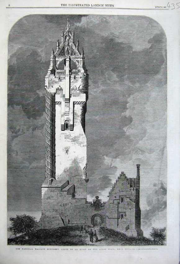 Original Old Antique Print National Wallace Monument 1861 Abbey Craig Stirling