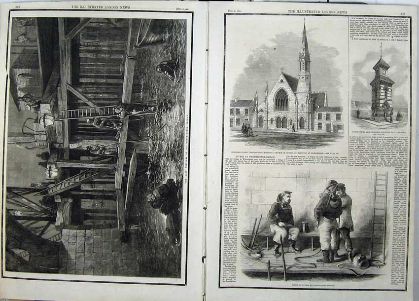 Old Antique Print 1861 Westminster Bridge Church Darlington Divers Tower 19th