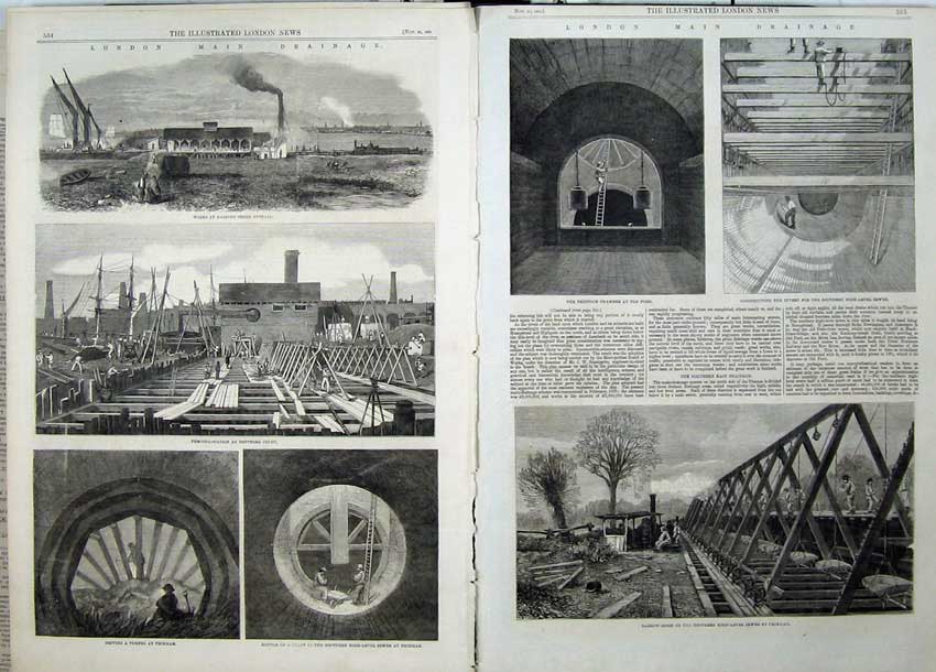 Original Old Antique Print 1861 London Drainage Tunnels Penstok Chamber Train