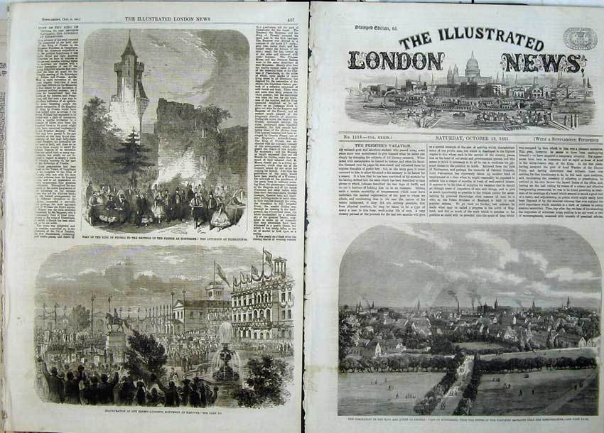 Original Old Antique Print 1861 Coronation King Queen Prussia Hanover Monument