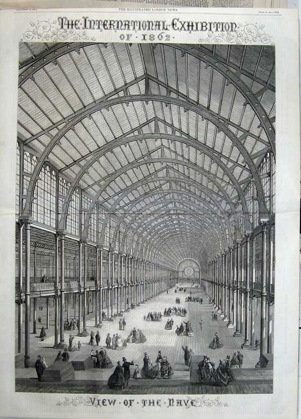 Old Antique Print 1861 International Exhibition Building Interior Nave 19th